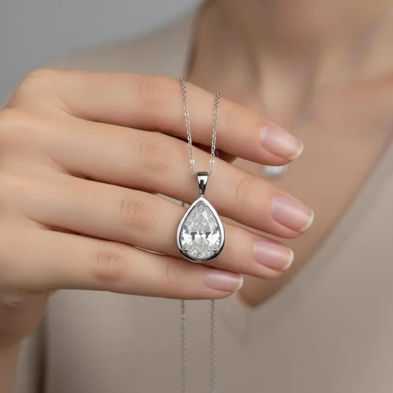 3.00 Ct Certified Pear Cut Solitaire Pendant, Silver Teardrop, Gift for Friend