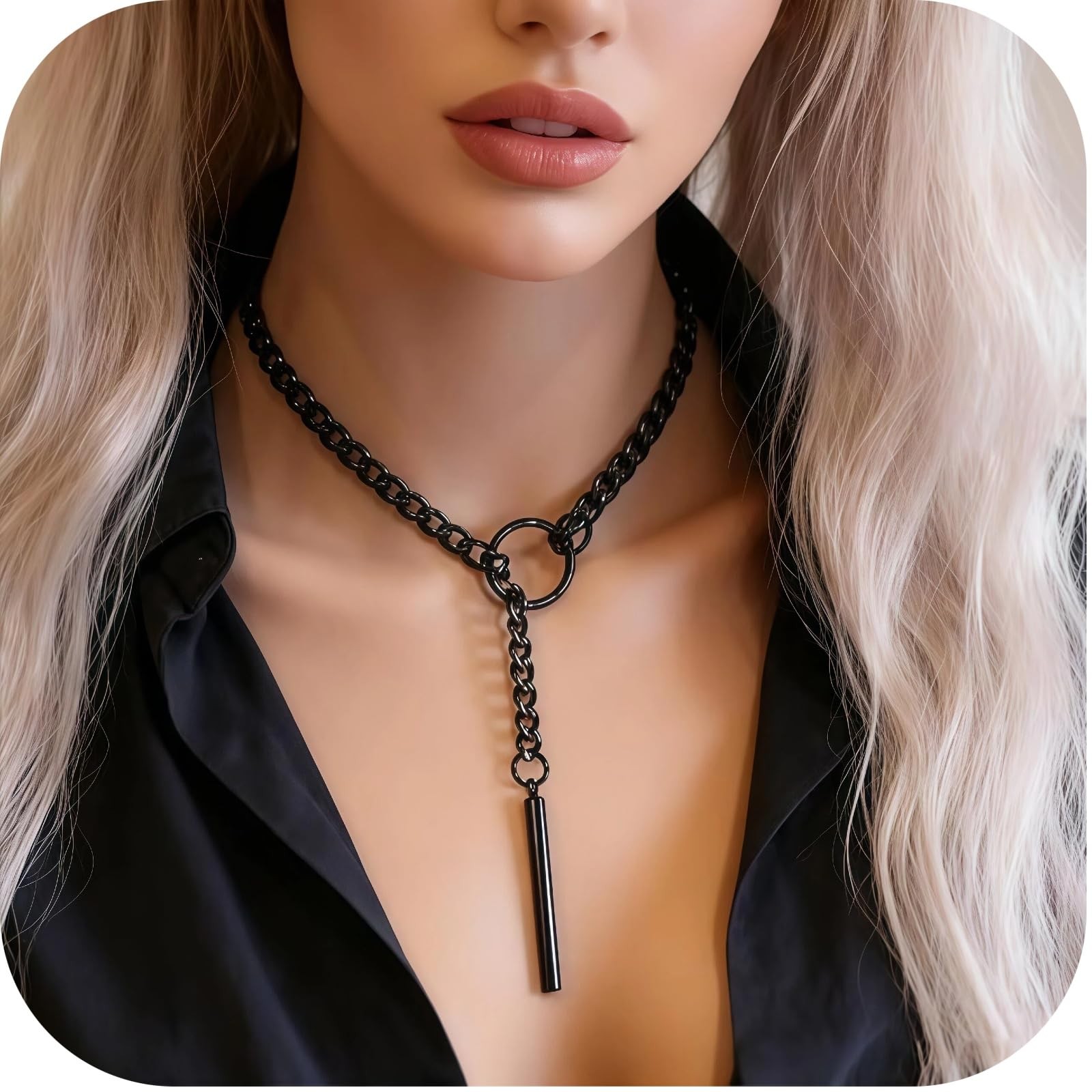 Stainless Steel Cuban Chain Y-Shape Slip Chain Necklace, Black Choker Necklac…