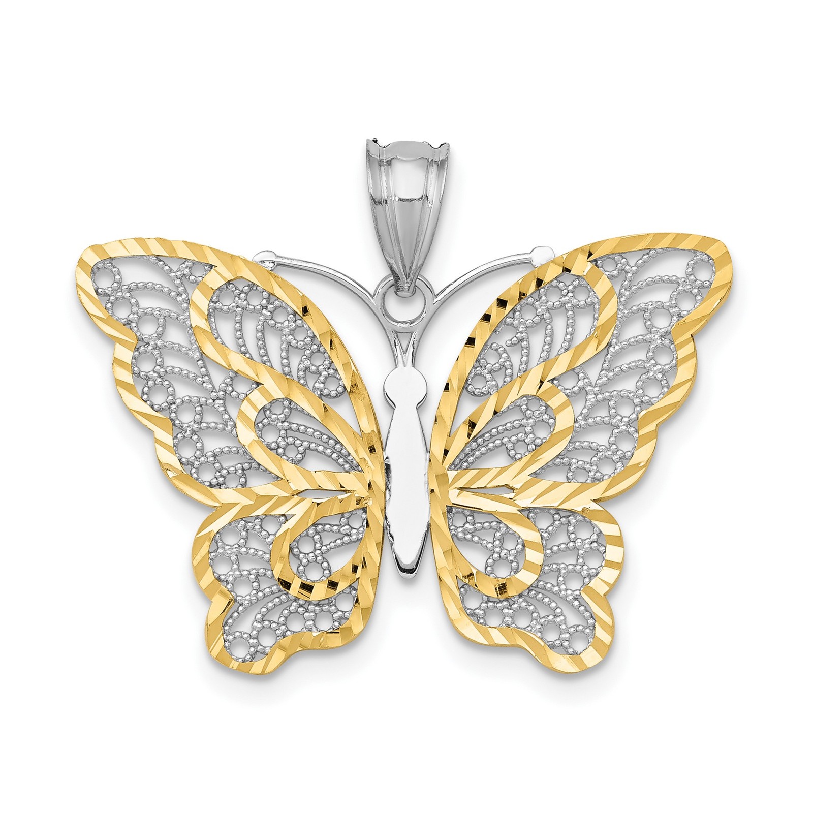 14k White Gold Yellow Rhodium Polished Filigree Butterfly Pendant Necklace