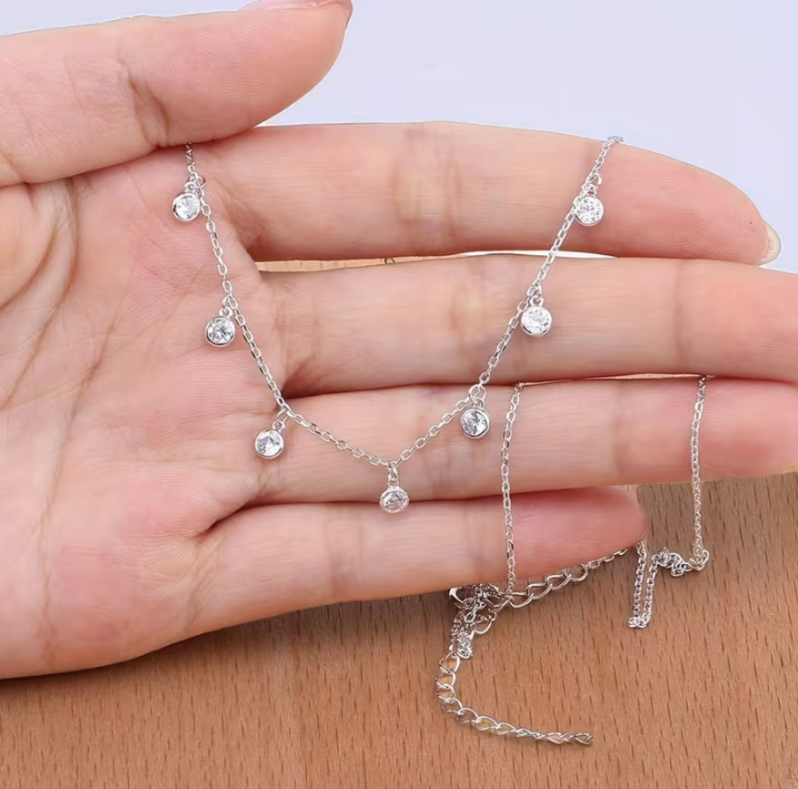 Moissanite Real 925 Silver Dangle Station Necklace Adjustable Choker for Women