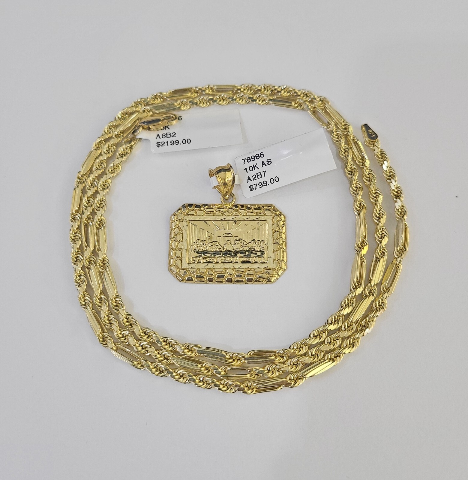10k Milano Rope Chain Last Supper Charm Necklace SET 3mm 18″ 20″ 22″ 24″