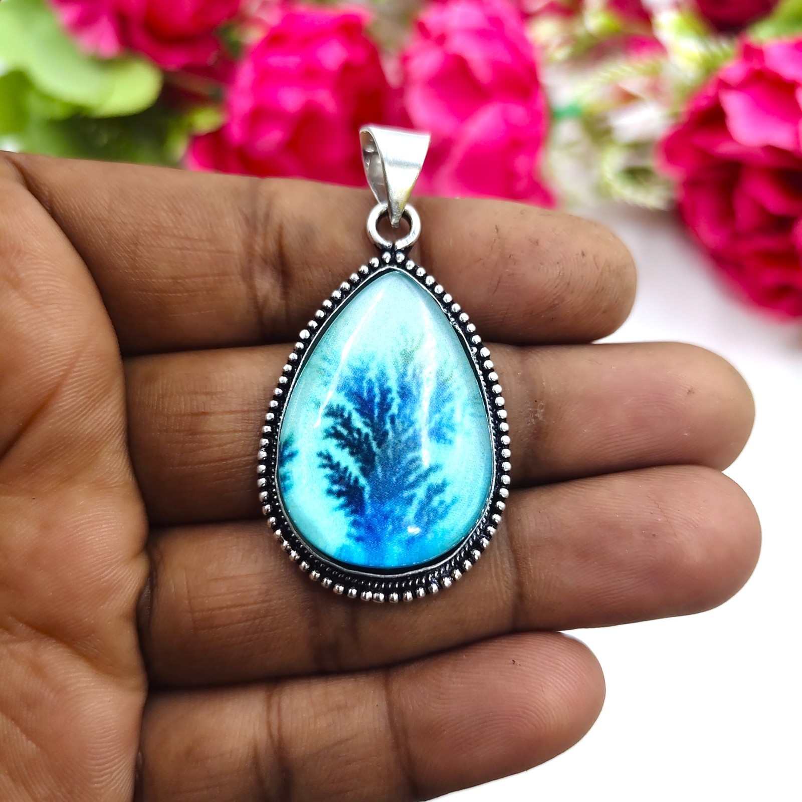 Dendritic Agate Gemstone Handmade 925 Sterling Silver Jewelry Pendant Size-2″