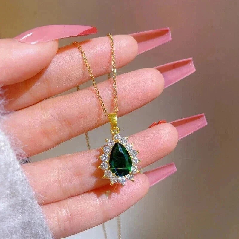 1.5Ct Pear Cut Green Lab Created Women’s Fancy Pendant 14K Yellow Gold Plated