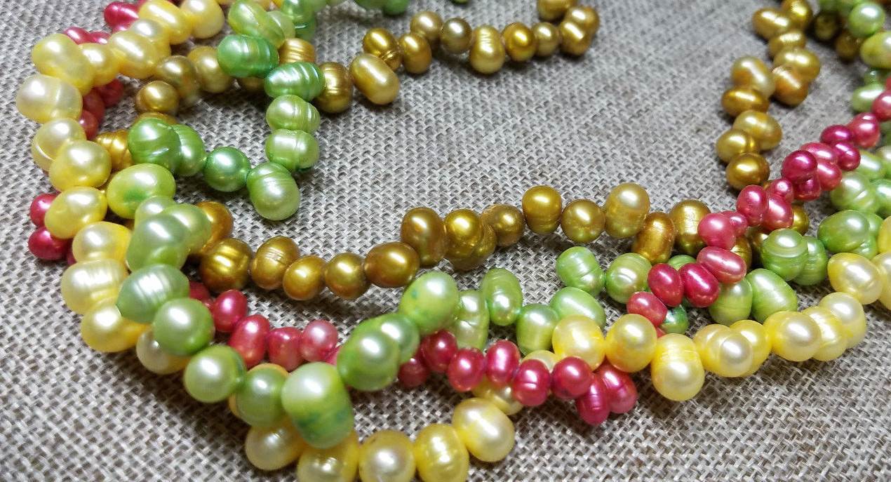 18” 7-9mm 4 Strand Sterling Silver Freshwater Pearl Necklace – Amber Red Green