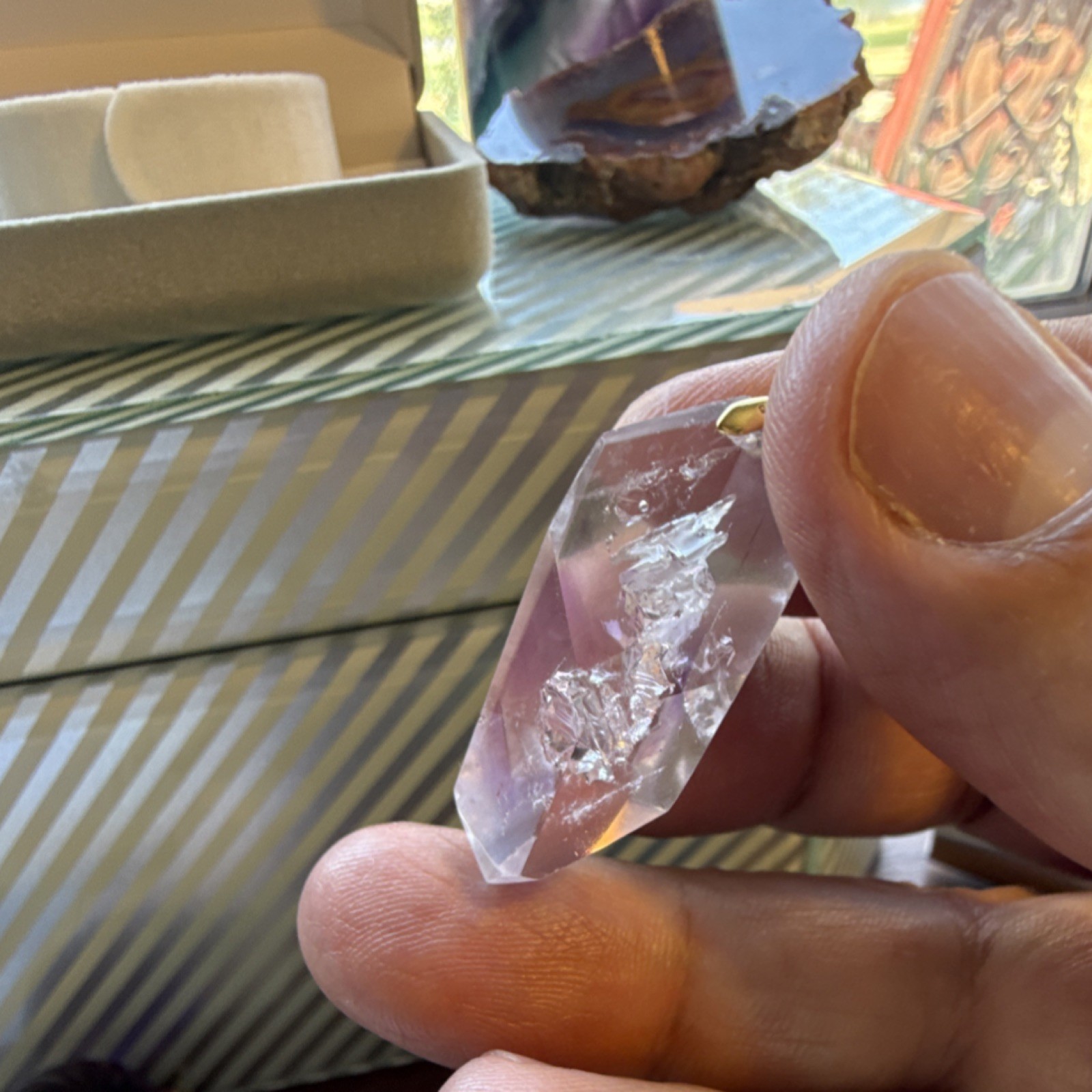 Brilliant amethyst Clear Quartz Pendant 925 Sterling Silver Amulet Asymmetrical