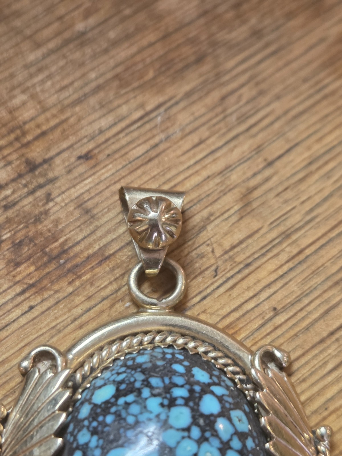 Navajo Native American Mike Begay 14k Yellow Gold Turquoise Necklace Pendant 12g