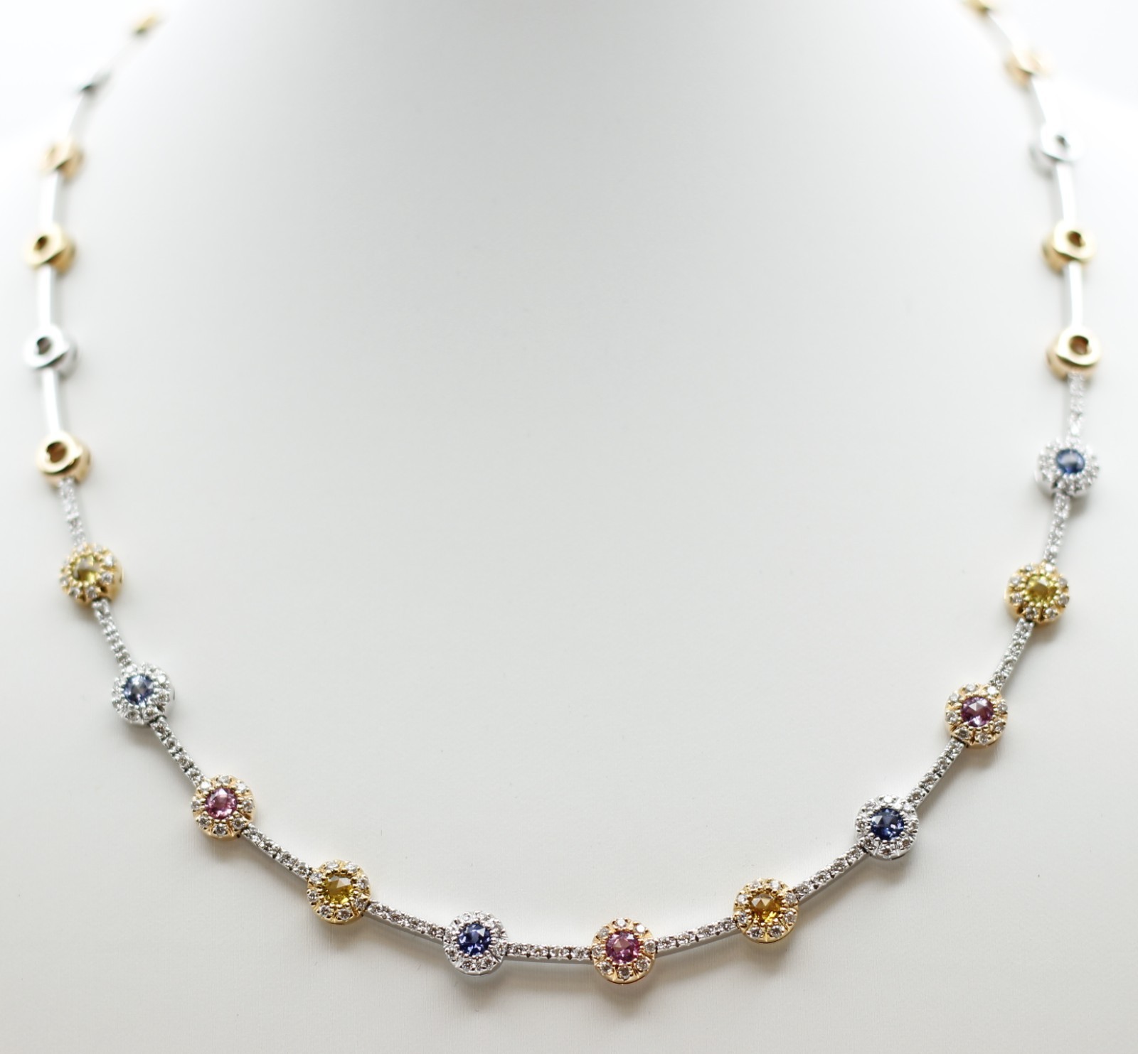 18k Two Tone Gold Multi-Colored Natural Sapphires & Diamond Necklace 31.7 Grams
