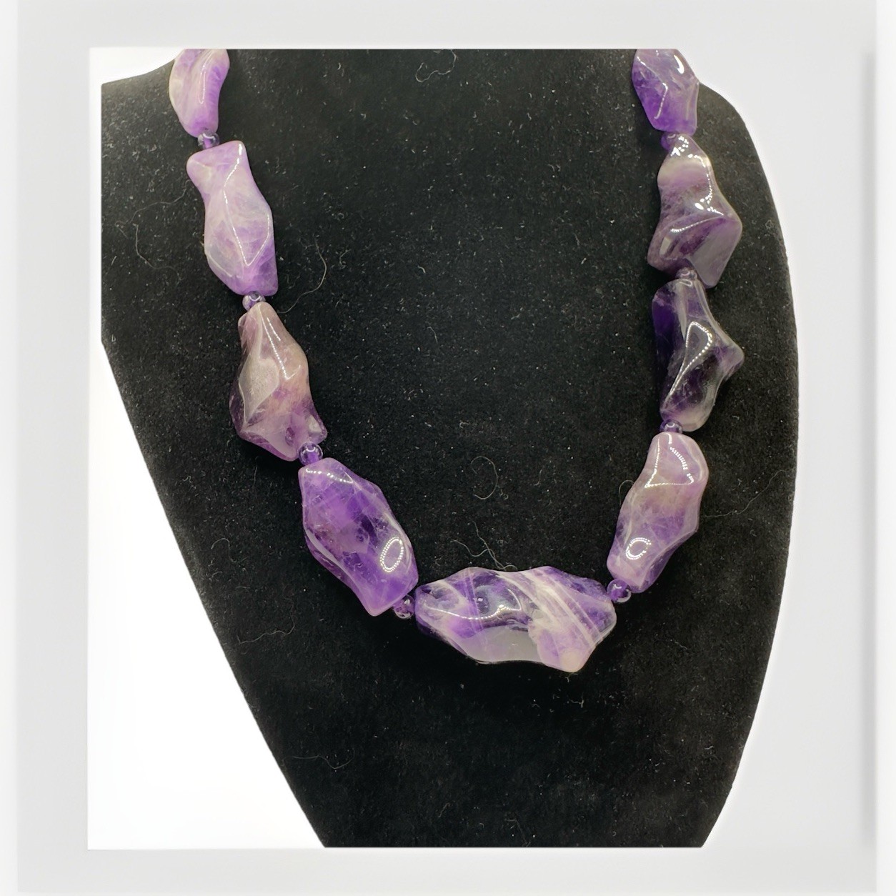 Chunky Polished Amethyst Nugget Necklace Sterling Clasp Purple White Striped 17″
