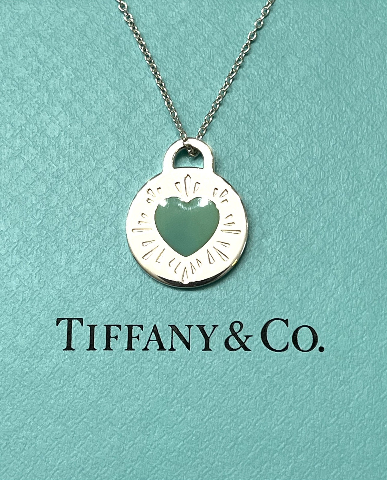 Tiffany & Co.RTT Blue Enamel Sunburst Heart Rd Adjustable 16-18”Pendant SS925