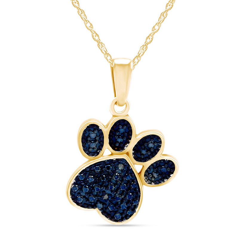 Blue Real Diamond Accent Paw Print Pendent 18″ Necklace 10K Yellow Gold Plated