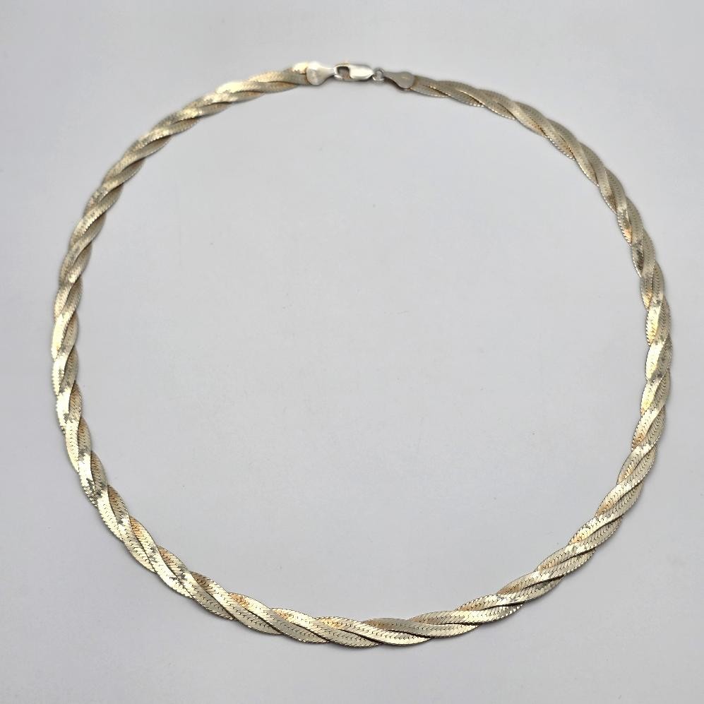 18″ 925 Sterling Silver Vermeil 2-Tone 6mm Braided Herringbone Chain Necklace