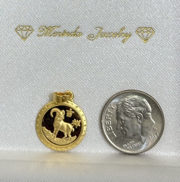 18k Solid Gold Zodiac Sign Goat Kid Adult Round Charm Pendant, 2.0 Grams