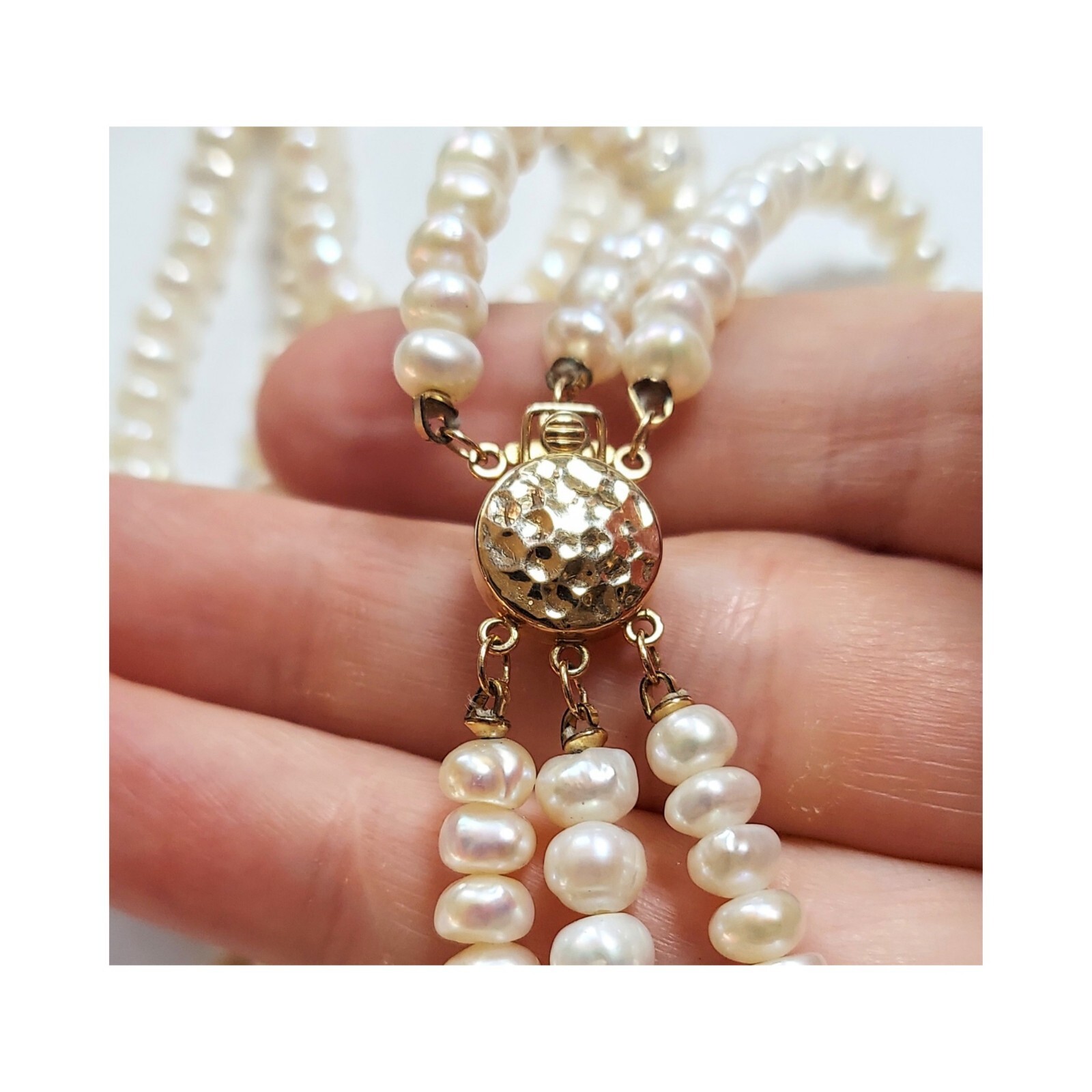 Triple Strand White 6mm Freshwater Pearl Necklace w 14kt Gold Round Box Clasp