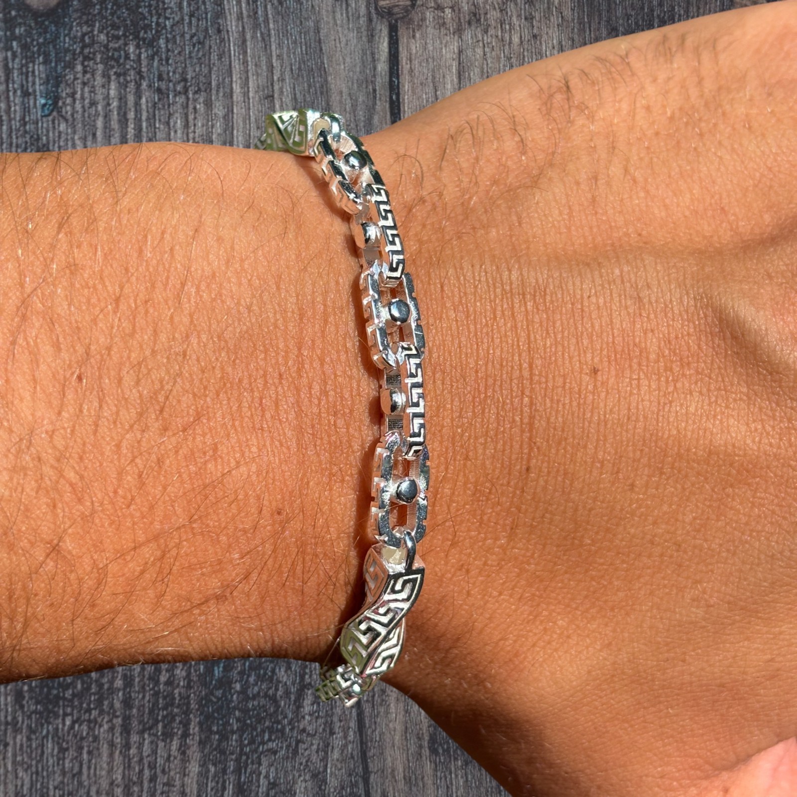 7mm Greek Key Rolo Link Bracelet – Real Solid 925 Sterling Silver MADFE IN ITALY