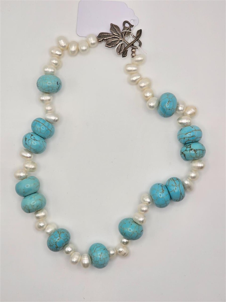 Sweet Romance Freshwater Pearl Turquoise Bead Necklace 925 Sterling Clasp