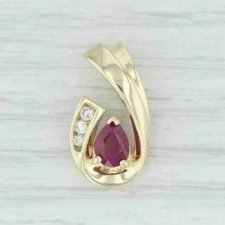 1.25 Ct Pear Cut Ruby & Diamond Drop Teardrop 14k Yellow Gold Over Pendant