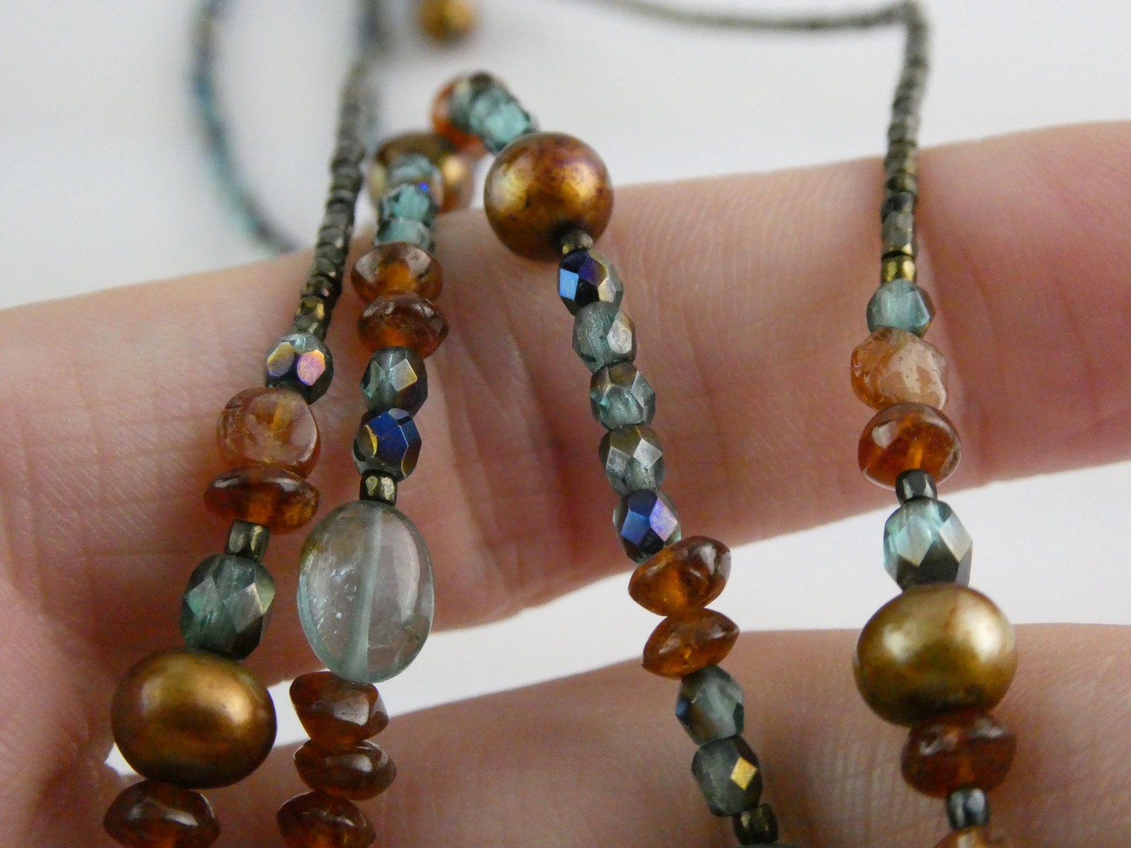 Sterling Silver Amber Chrysocolla Multi Gemstone Two Strand Necklace 17.5 In 19g