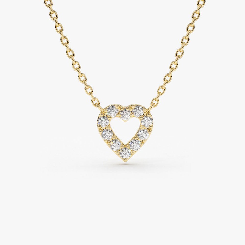 Solid 14K Gold Round Cut Natural Diamond Dainty Heart Pendant Necklace For Her