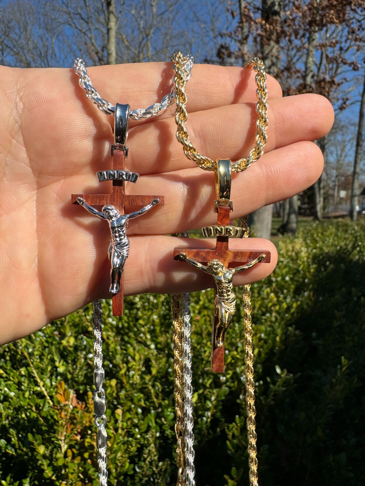 Mens Real 925 Silver & Red Cherry Walnut Wood Jesus On Cross Pendant Necklace 2″