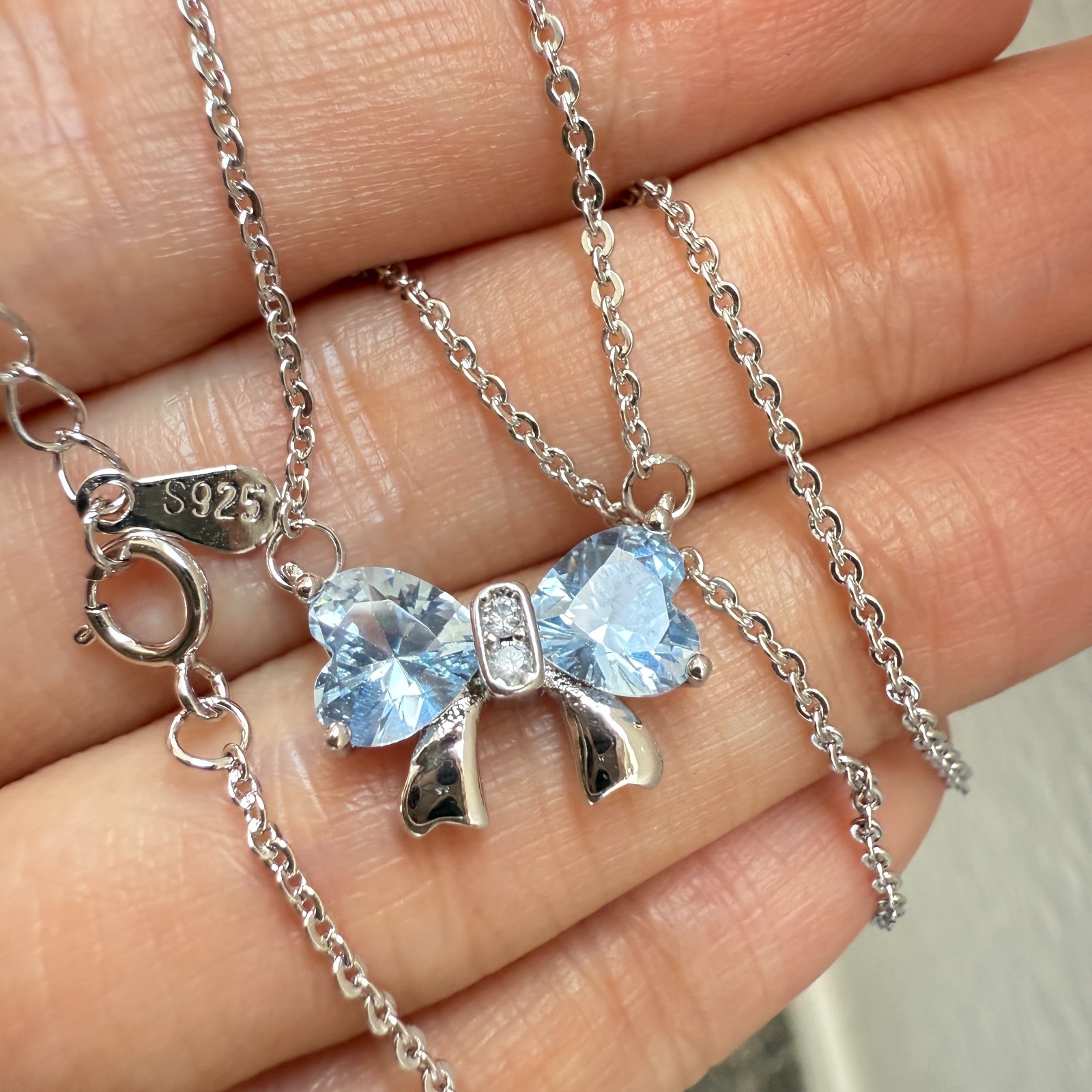 925 Sterling Silver Necklace 6mm Heart Natural Topaz Gemstone Zircon Chain Bow