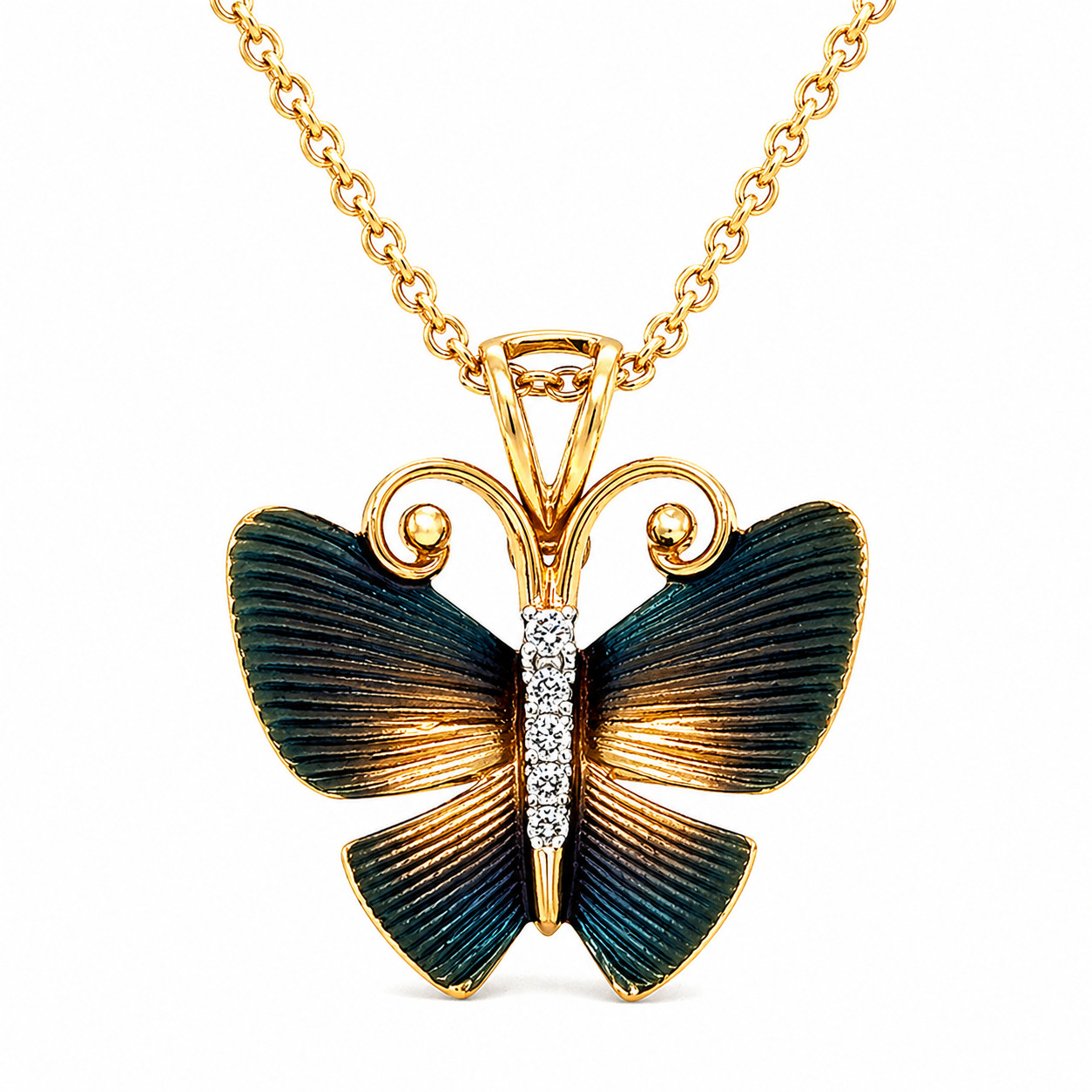 Natural Diamond Butterfly Pendant Necklace 14K Yellow Gold, Diamond Necklace