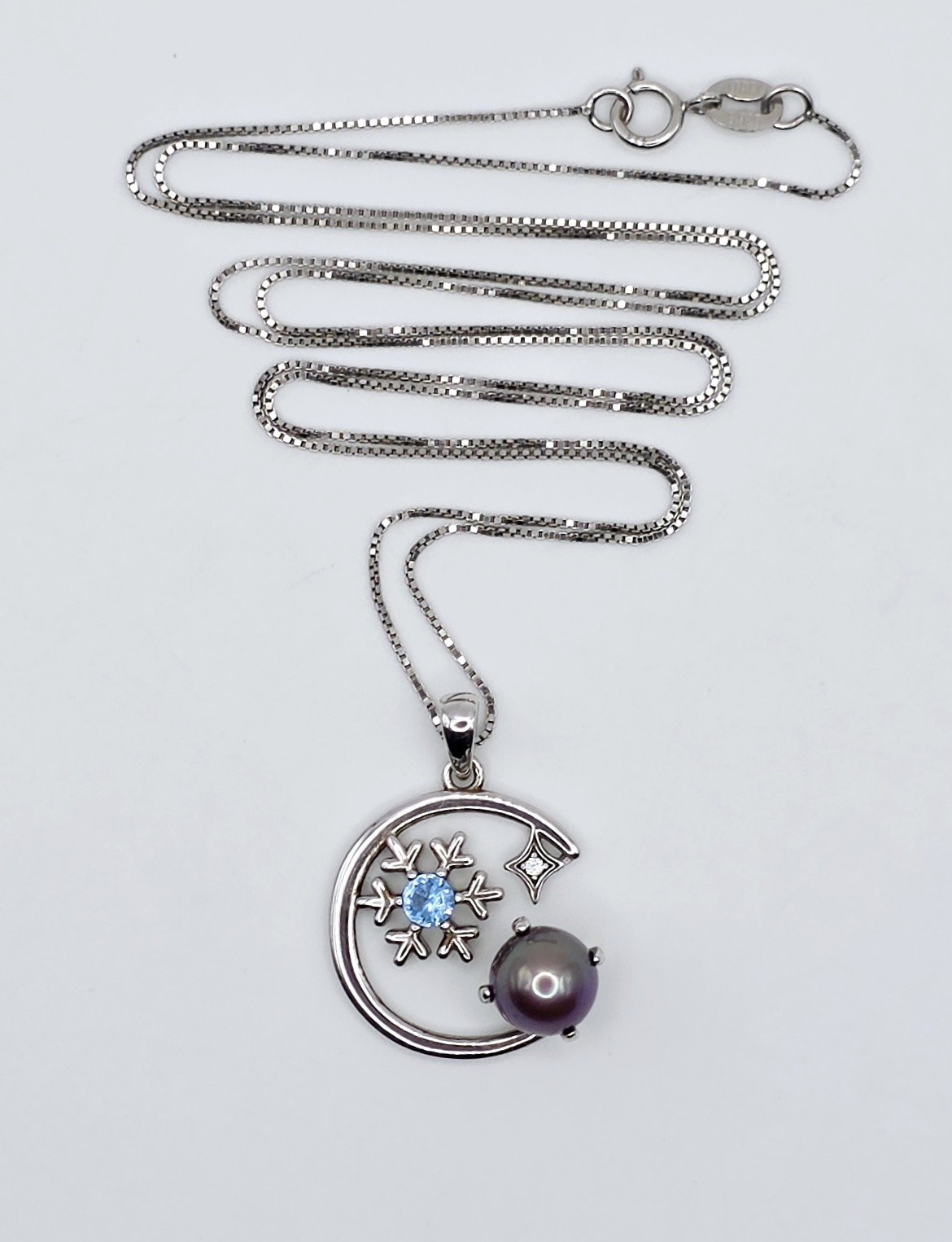 925 Sterling Silver Blue Topaz Pearl Celestial Crescent Moon Snowflake Necklace