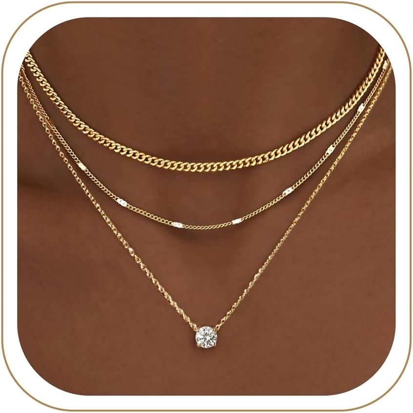Layered Gold Necklaces for Women, 14K Gold Sterling Silver Plated Dai