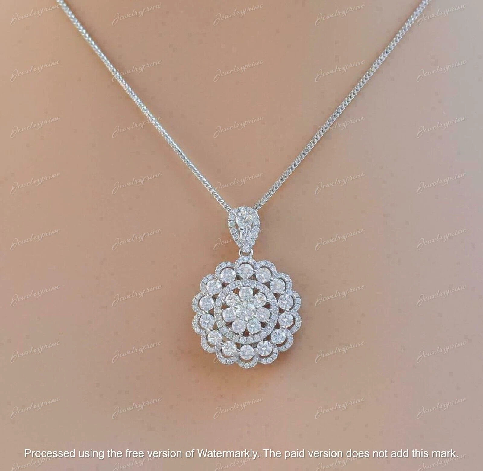 3Ct Round Lab-Created Diamond Beautiful Flower Pendant 14K White Gold Finish
