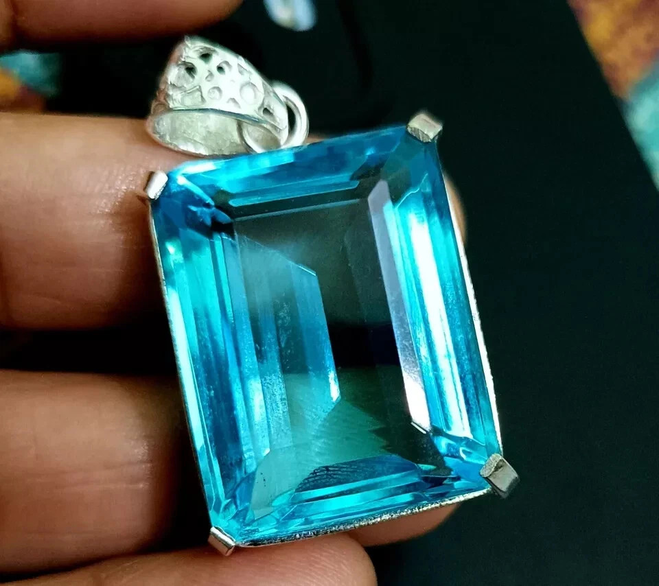 EGL Certified Natural 65 +Ct Blue Topaz Emerald Cut 925 Silver Pendant Loose Gem