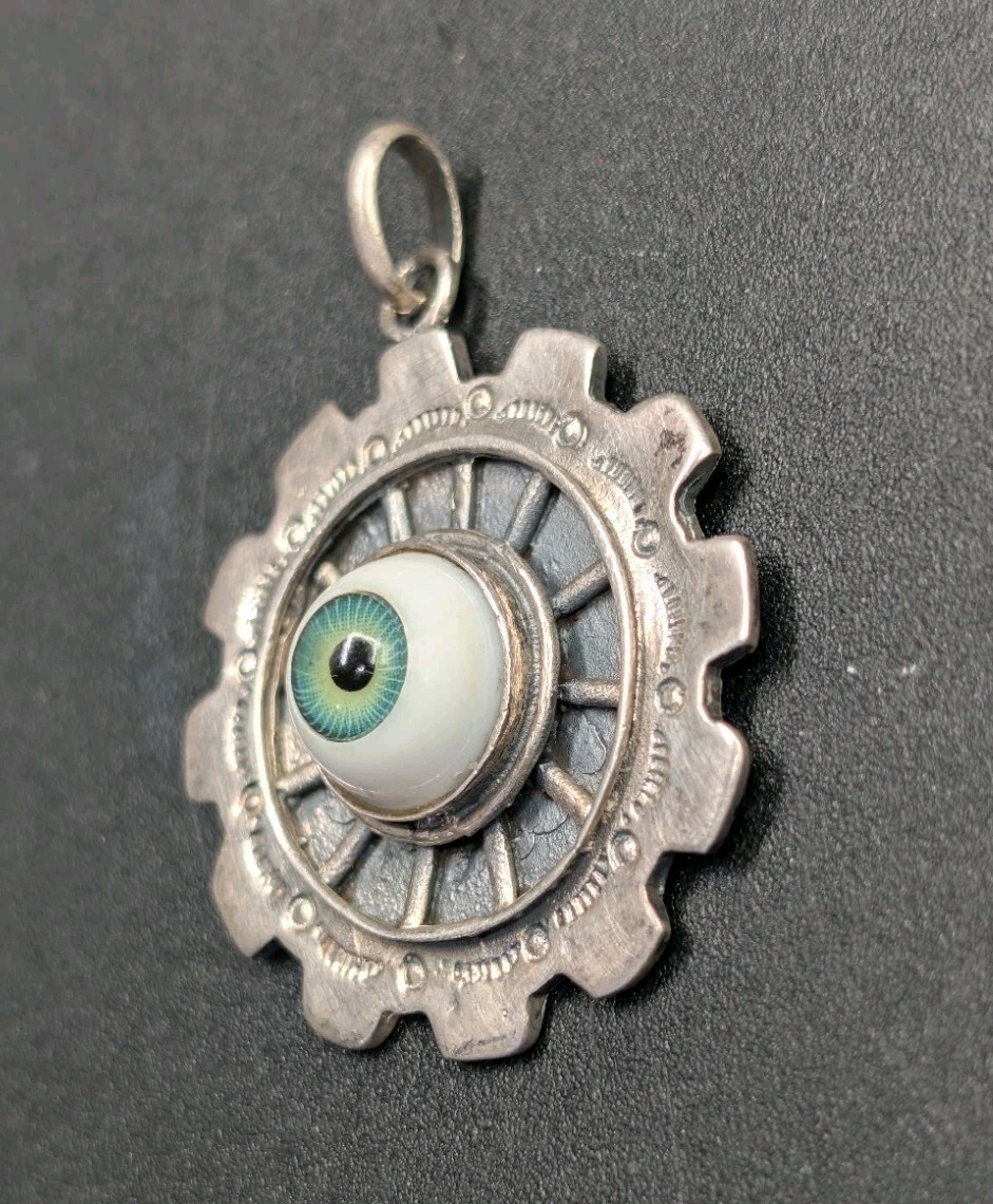 Sterling Silver 925 Evil Eye Good Luck Protection Stamped Steampunk Gear Pendant