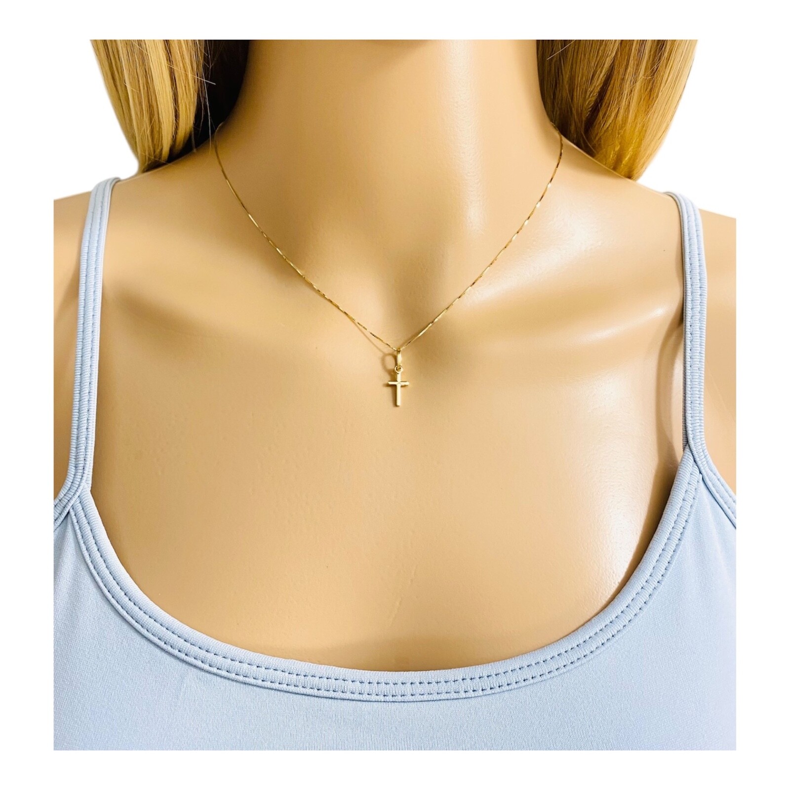 14k Solid Gold 0.7″ Cross Pendant – 14kt 0.5mm Box Chain 16”- 18”- 20″ – PT143