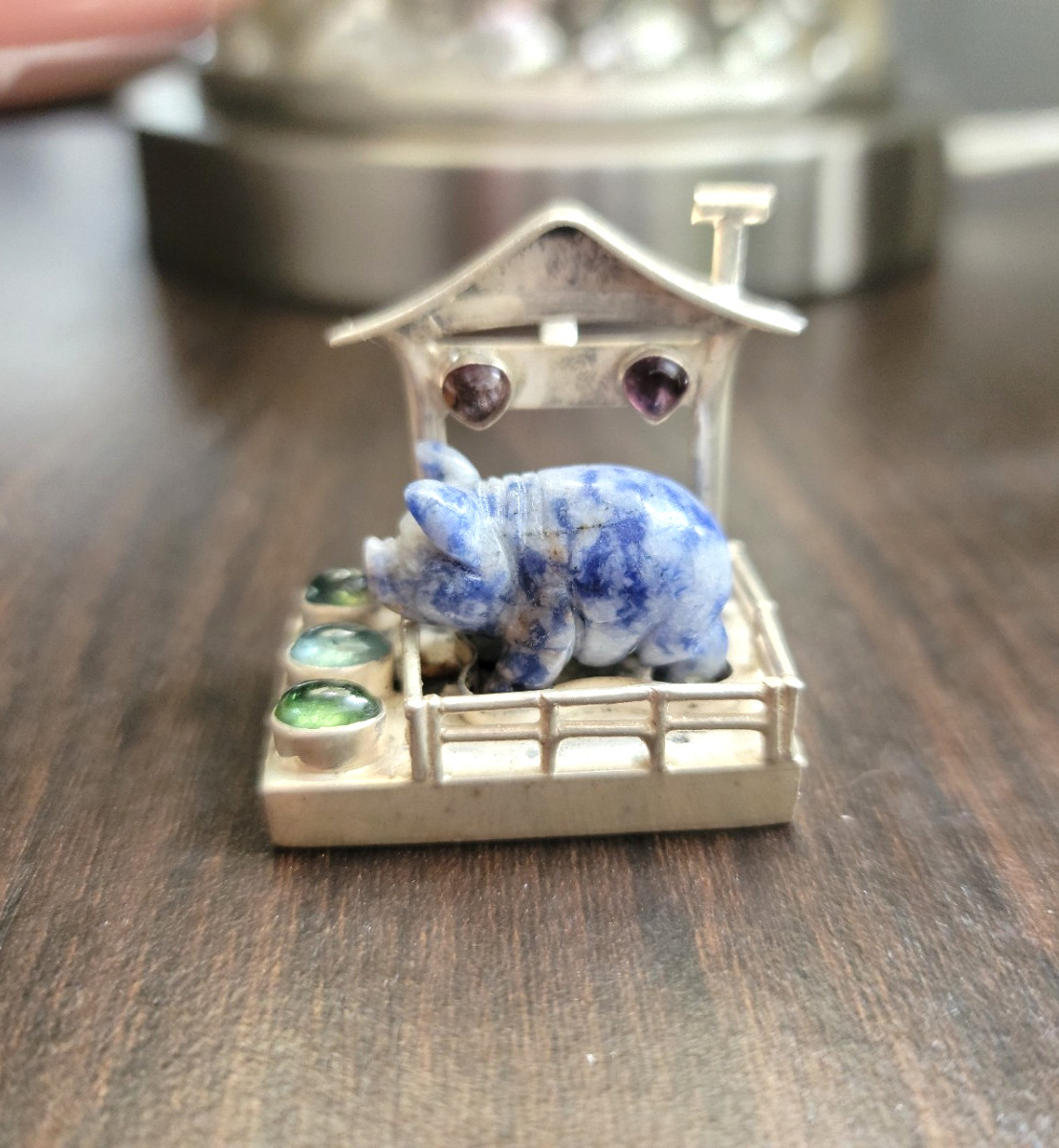 Unique 925 Silver Sodalite & Multi Stone Pig in Barn 3D Statement Pendant