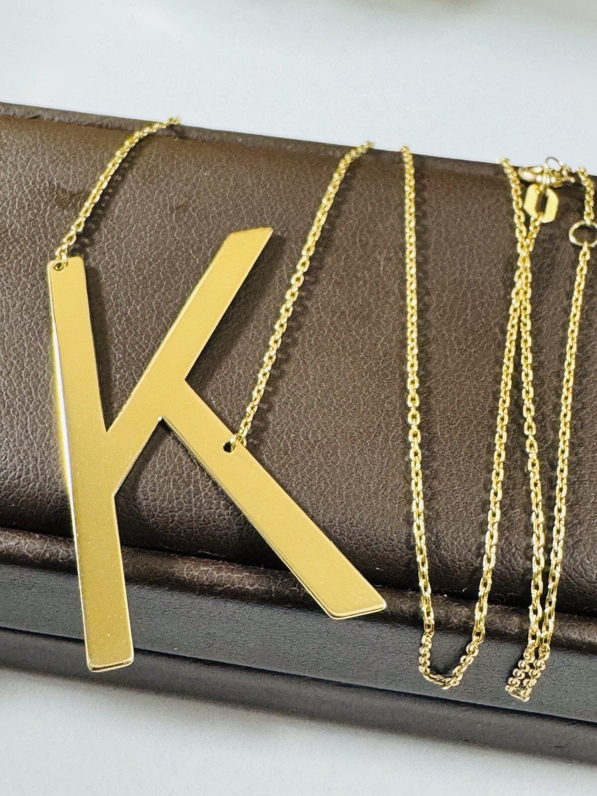 18K 750 18C Gold Letter K initial Necklace 16.5/17.5” Long 1mm 4.1g