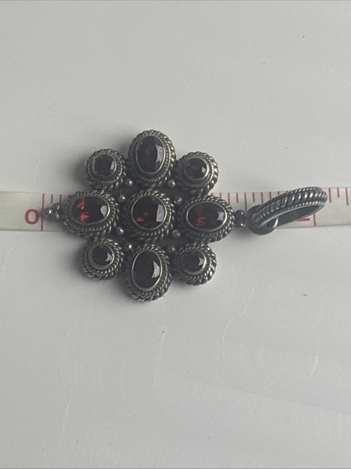 India Made Sterling Silver 925 Cluster Flower Garnet Stones Pendant 2″ Long