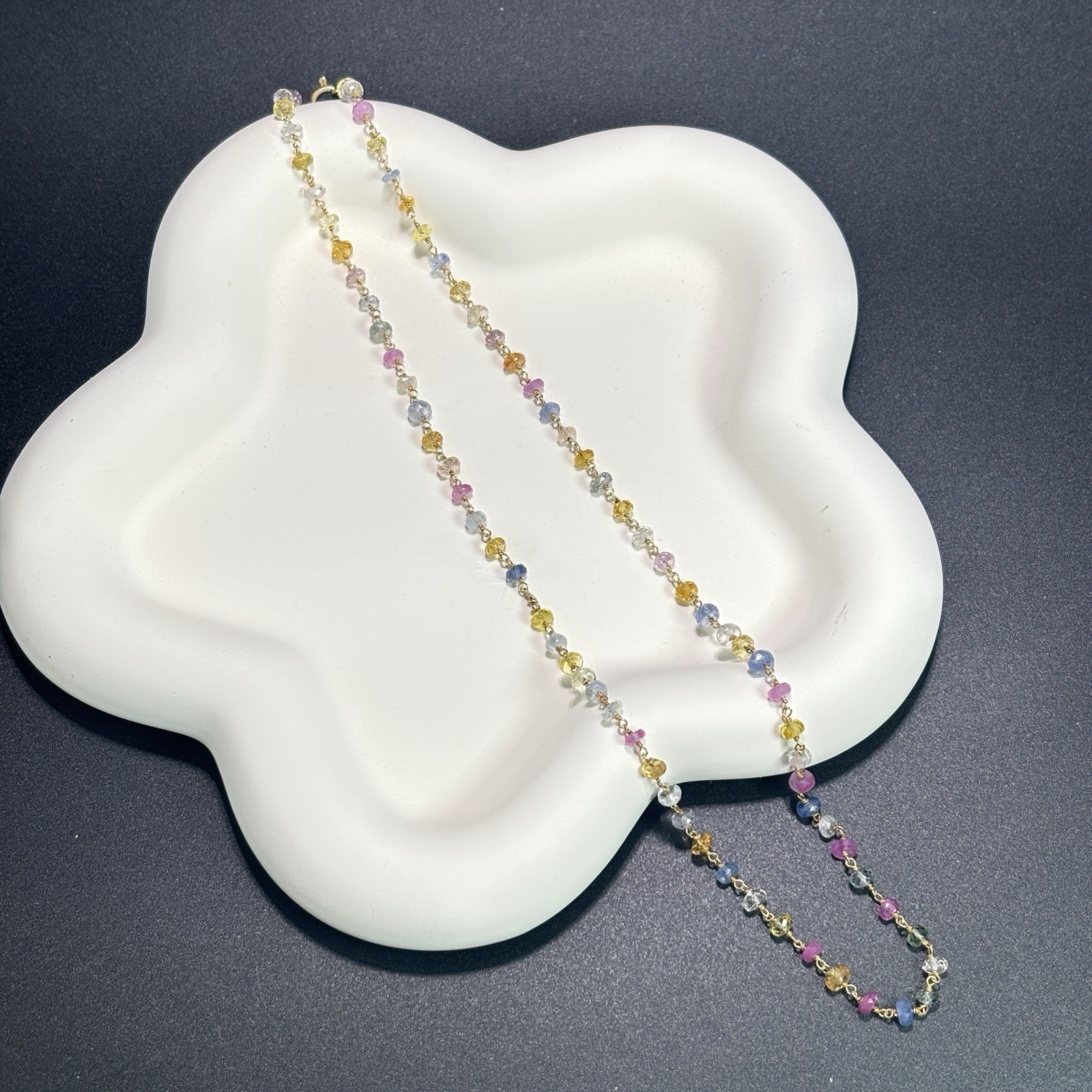 925 Sterling Silver Multi Color Gemstone Single Strand Necklace Gold-tone 18″