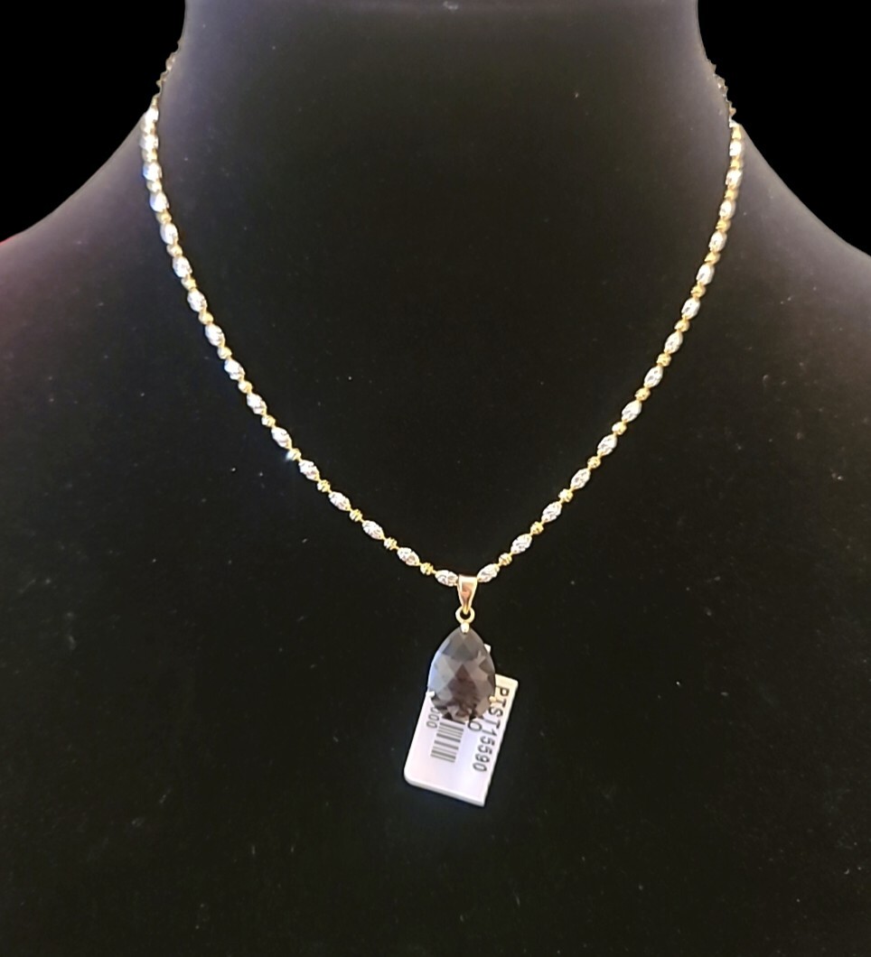 14K Solid Italian Two-tone Yellow Gold Natural Smoky Topaz Necklace