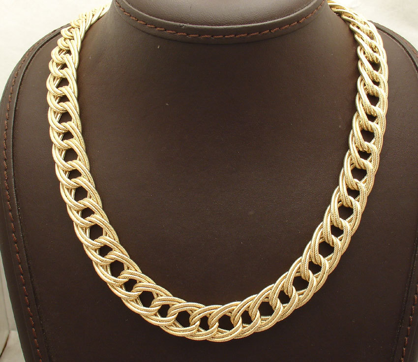 Technibond Textured Double Curb Chain Necklace 14K Yellow Gold Plated Silver