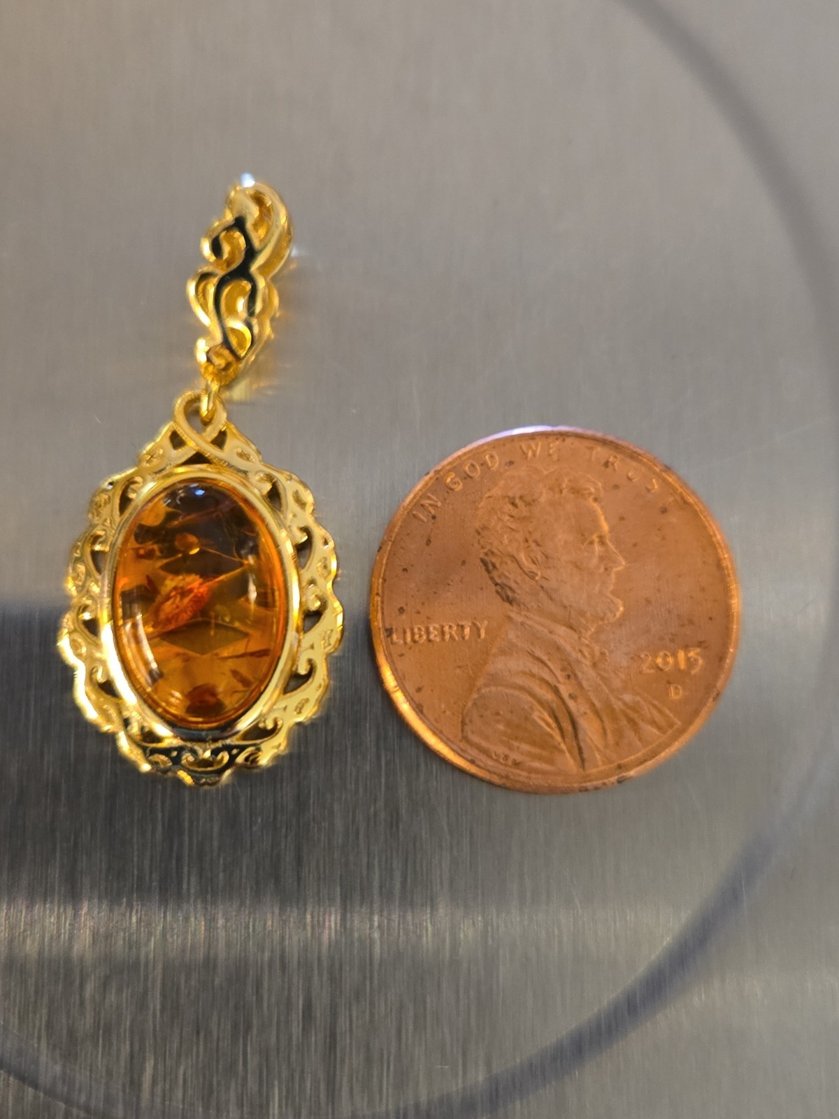 Baltic Amber Stone Pendant Open Scrollwork Vermeil ( Stamp 925) Signed 3.4 Grams
