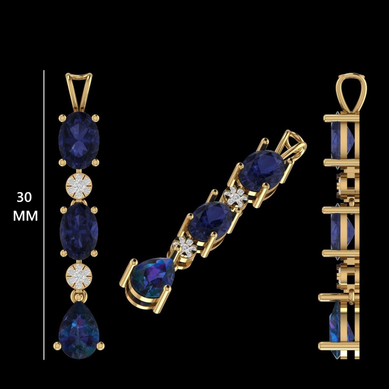 1.74 ct Natural Sapphire Oval Pear Pendant Necklace 14K Gold Natural Diamonds
