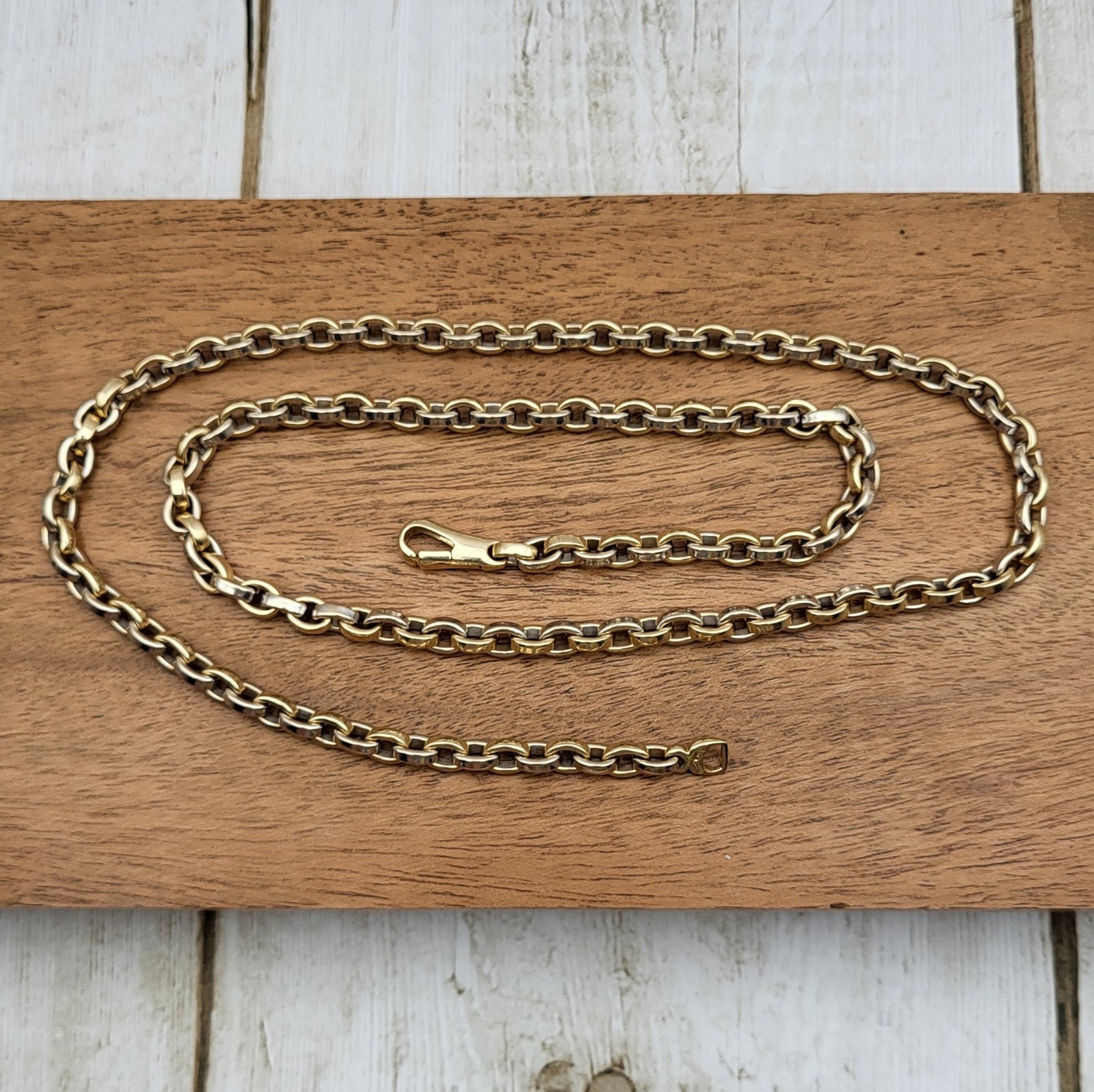 Heavy! Solid 14K 2 Tone Gold 24″ Fancy Link Chain Necklace 63.1 Grams Rolo Cable
