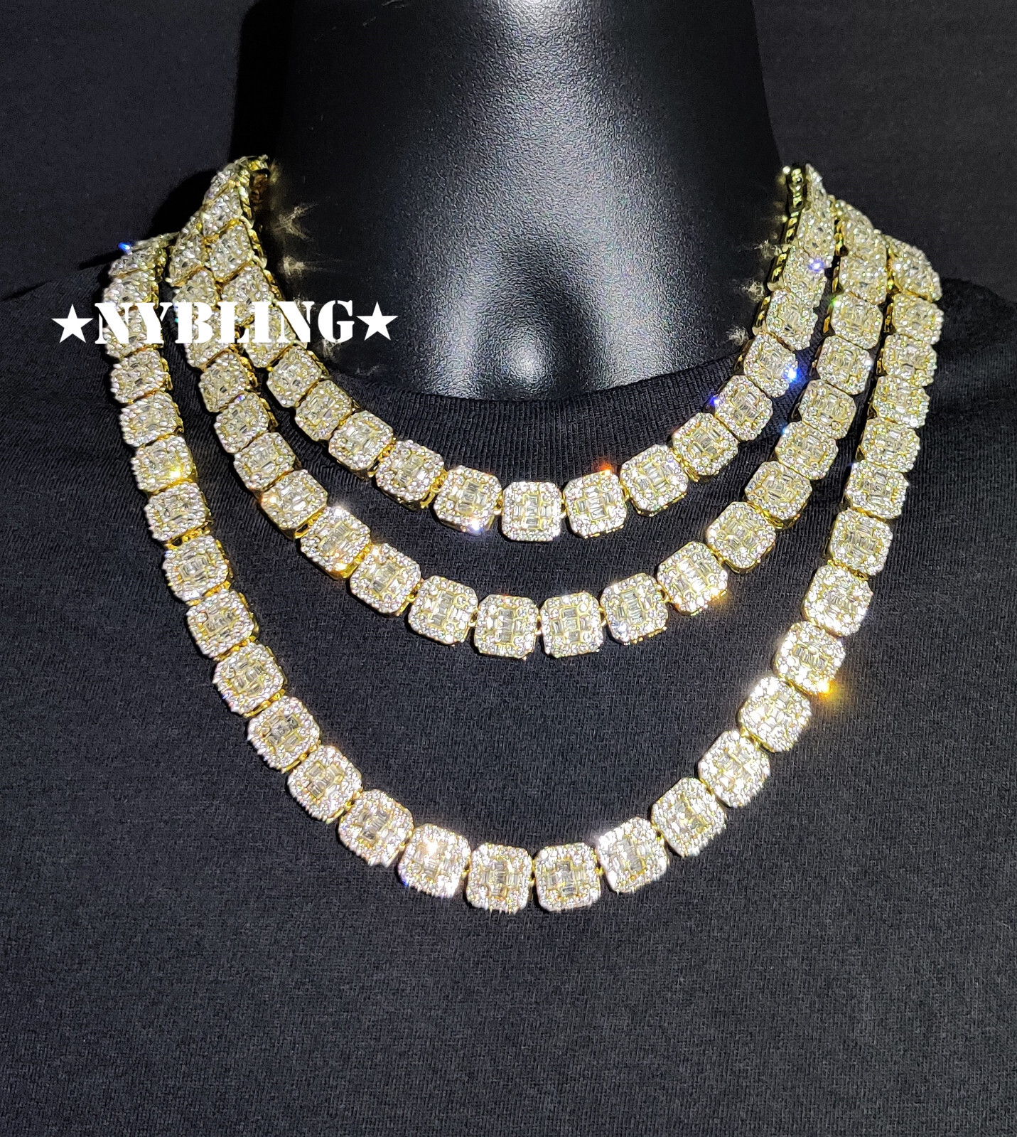Solid 10K Gold Baguette Moissanite Tennis Choker 18/20In Hip Hop Necklace