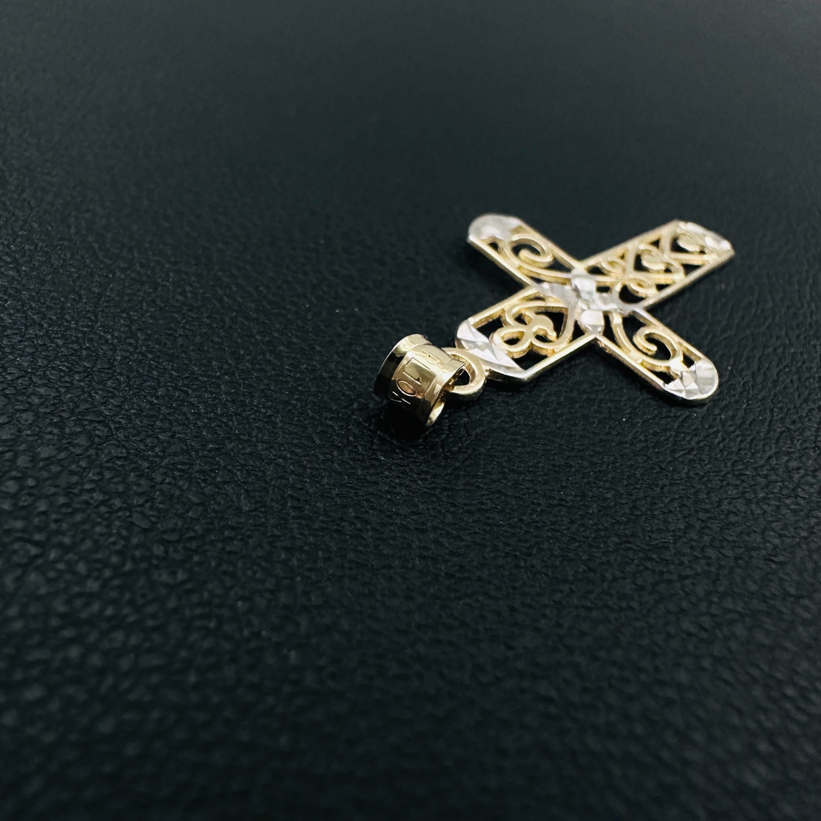 Solid 10K Multi-Tone Gold Filigree Cross Pendant w/White Sapphire Accent, 1.15″