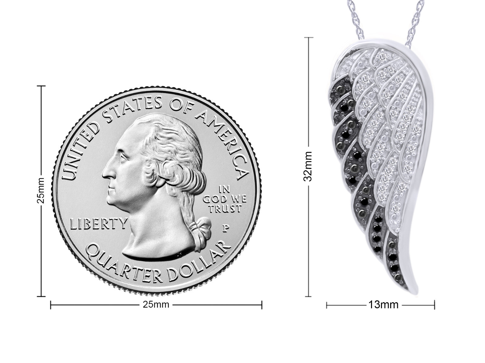 1/3ct White & Black Real Diamond Angel Wing Pendant Necklace 14K Gold, 18″ Chain