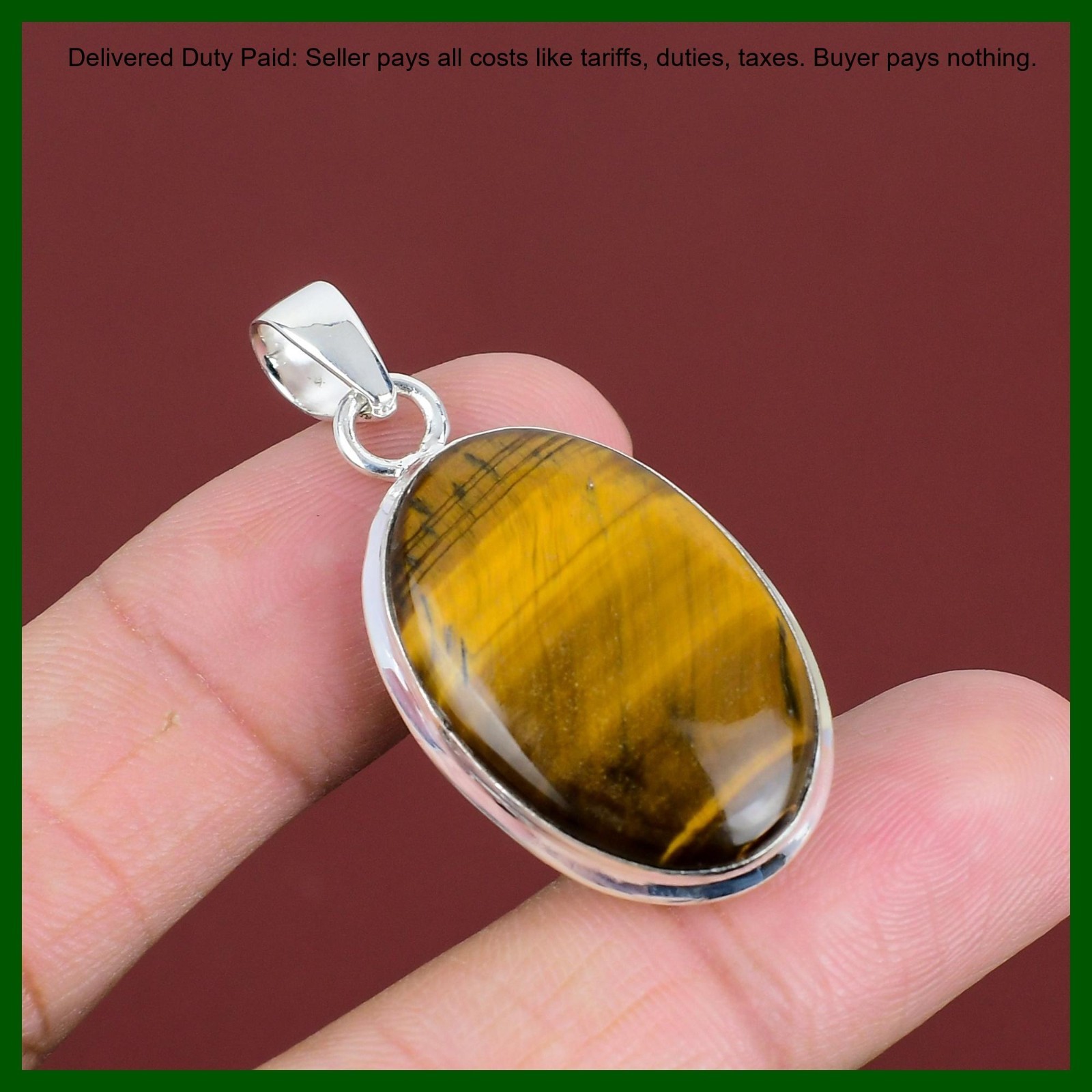 925 Sterling Silver Oval Tiger’s Eye Stone Anniversary Wife Wedding Boho Pendant