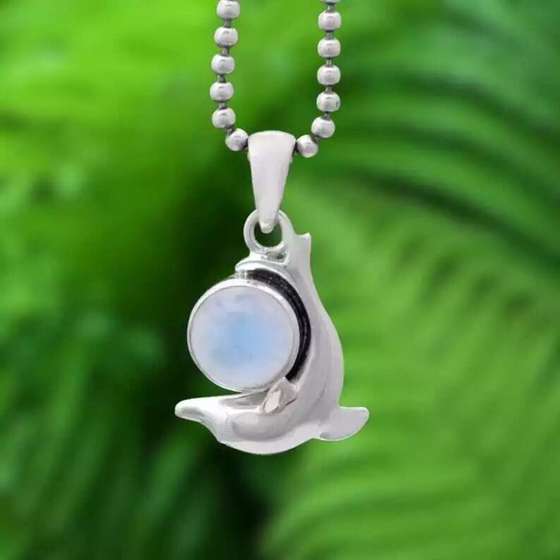Rainbow Moonstone Dolphine Designer Silver Pendant Wedding Gift for Her & Him