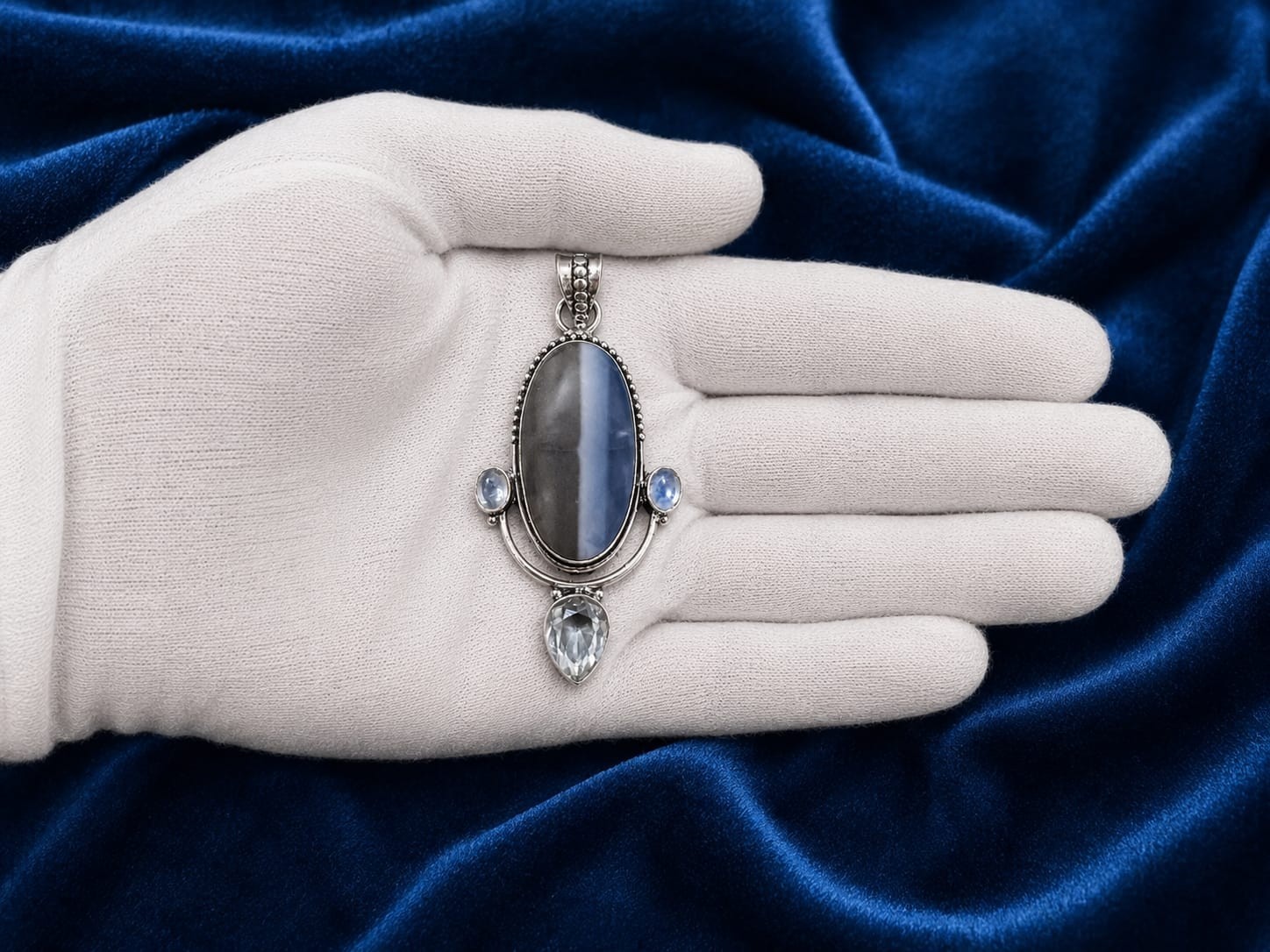 925 Sterling Silver Rainbow Moonstone Blue Moonstone White Topaz Pendant