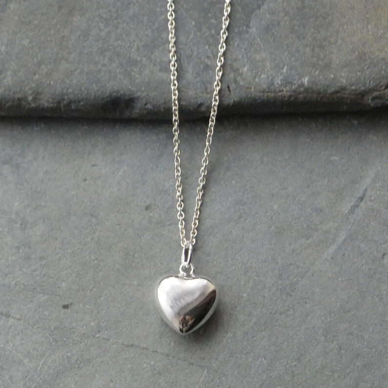 925 Solid Sterling Silver Puffed Heart Pendant Necklace Made In Italy – 18″