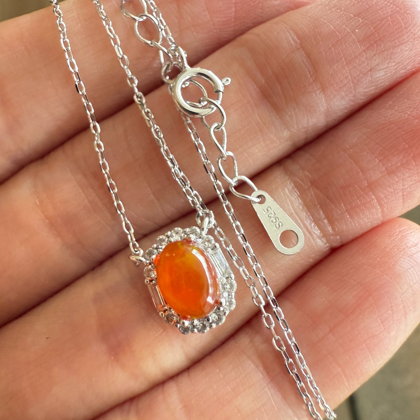 925 Sterling Silver Necklace 7x6mm Natural Fire Opal Gemstone Zircon Women Cute
