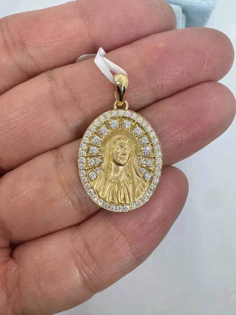 14K Yellow Gold Plated 1Ct Round Cut Moissanite Women’s Virgin Mary Pendant