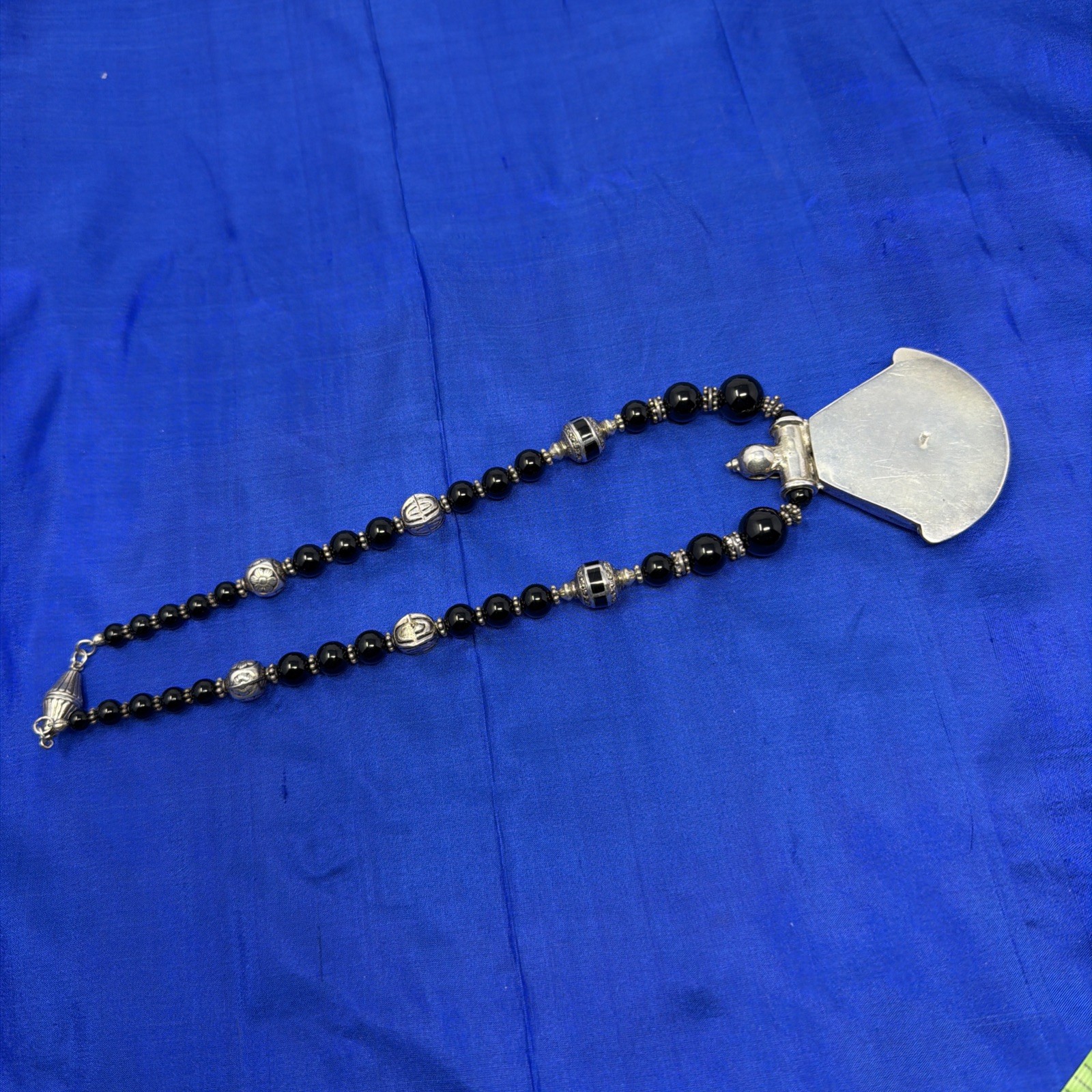 Sterling Silver 925 Black Onyx Beaded Bali Bead Necklace Large Pendant 17” 82.3g